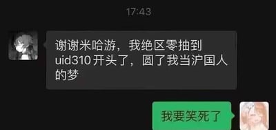 这张图片截取了两位用户的聊天对话。首条消息表示感谢米哈游，因“绝区零”抽到uid310开头账号，实现了成为“沪国人”的梦想，后者回复“我要笑死了”。“uid310”是米哈游游戏账号中上海号段的开头，常被称为“沪国人”属于玩家自嘲调侃。整体氛围诙谐幽默，非常典型的游戏身份认同和网络自黑文化。

本梗包含“310=上海电话区号”的谐音梗和玩家自黑成分，适合用来在玩家圈子内晒号、玩笑和吐槽。