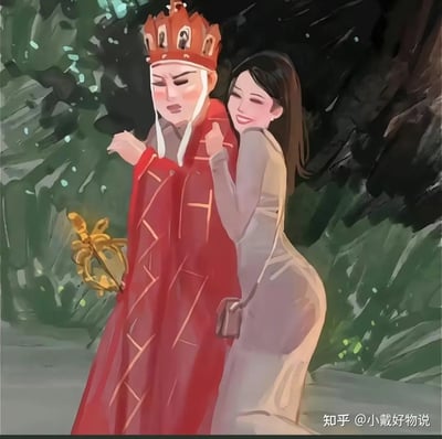 这是一张采用插画风格创作的合影，画面中一男一女并肩站立。其中男性身穿红色国王装，头戴王冠，手持象征权力的金色权杖，形象高调夸张；女性则身着贴身浅色长裙，挽着男子胳膊，造型优雅。整体画风轻松幽默，带有角色扮演和情侣秀恩爱的氛围，适合在网络平台上用作情侣晒图或梗图创作。此图虽无明显双关或谐音梗，但国王形象自带“装X”气质，也常被用于夸张搞笑表现。