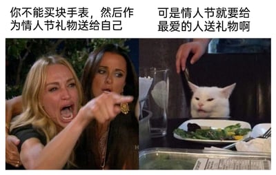 这是一张由两张全球知名的经典meme素材拼接而成的搞笑图，左半部分是美国真人秀《比弗利娇妻》中，一位金发女性情绪激动，被他人从身后抱住却仍手指前方、张大嘴巴愤怒大喊的画面，配文“你不能买块手表，然后作为情人节礼物送给自己”；右半部分是坐在餐桌前，面前摆着沙拉，表情淡定的网红猫咪Salad Cat的画面，配文“可是情人节就要给最爱的人送礼物啊”。图中通过这种对话式的呈现，以自嘲的幽默方式，表达了单身人士在情人节将自己视为“最爱的人”，给自己购置礼物进行自我慰藉的心态，充满了轻松搞笑的自我调侃意味。