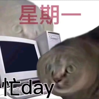这是一张用于调侃职场人周一工作状态的趣味表情包，画面中呈现出两只面部模糊扭曲的猫咪，背景是一套老式台式电脑设备，上方配有红色文字“星期一”，下方配有黑色文字“忙day”，利用“忙day”与“Monday（周一）”的谐音梗，生动形象地表现出周一工作日职场人忙碌、疲惫又烦躁的精神状态，精准戳中职场人的周一上班痛点，适合在同事聊天、职场相关社交场景中使用。