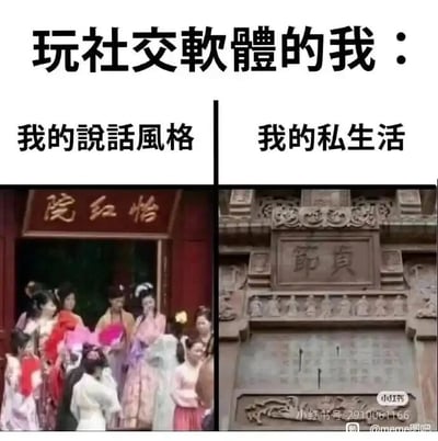 这是一张左右对比式的meme梗图，上方用繁体中文配文“玩社交软体的我：”，并分为左右两个分栏：左侧分栏标题为“我的说话风格”，配图是87版电视剧《红楼梦》中怡红院门口的场景，一群打扮艳丽的丫鬟、小姐聚集在此，神态欢快、互动热闹，以此象征人们在社交软件上的说话风格开放活泼、外放随性；右侧分栏标题为“我的私生活”，配图是一座刻有“贞节”字样的传统贞节牌坊，象征现实中的私生活十分保守、规矩内敛。整张图通过两个极具反差感的场景，生动调侃了当代人在网络社交和现实生活中状态截然不同的普遍现象，用夸张的对比制造幽默效果。
