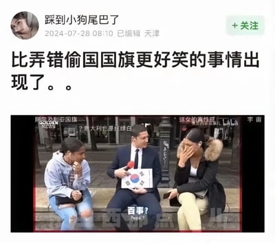 这是一张微博平台的社交媒体截图，发布者为“踩到小狗尾巴了”，发布时间为2024年7月28日，地点标注为天津。截图内容是分享一段街头采访的视频片段：画面中一位身着正装的采访者手持韩国国旗和话筒，对两位路人女性进行采访，两位女性将韩国国旗认成了百事品牌的标志，其中右侧女性捂脸大笑，左侧女性则是憋笑的疑惑状态，视频字幕打出“百事？Pepsi？”，同时视频里还有弹幕“阿尔及利亚国旗”“？意大利也是红绿白”等内容。微博发布者配文“比弄错偷国国旗更好笑的事情出现了。。”，整体是一个充满趣味的认错国旗的搞笑内容。