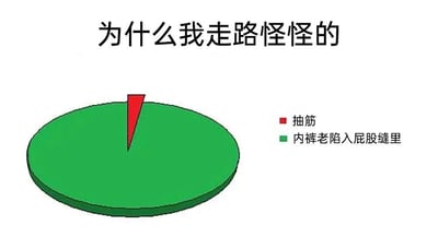 图片上方有黑色文字标题'为什么我走路怪怪的'，下方是一个绿色的饼图，饼图中只有一个极小的红色切片。右侧有两行文字标注：红色方块对应'抽筋'，绿色方块对应'内裤老陷入屁股缝里'。通过夸张的饼图比例（绿色区域占绝大多数）幽默地表达了'内裤陷入屁股缝里'是导致走路姿势怪异的主要原因，而'抽筋'只是极少数情况，整体风格轻松搞笑，属于生活吐槽类 meme。