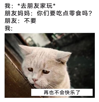 这是一张图文混排的搞笑梗图，上方以文字形式呈现了一段日常社交场景：‘我’去朋友家玩耍，朋友妈妈询问是否要吃零食，朋友直接回答‘不要’；下方搭配了一张浅色英国短毛猫的照片，猫咪将脸靠在边缘，眼神低落、神情委屈，底部配文‘再也不会快乐了’，精准地刻画出‘我’内心想吃零食却碍于朋友的回答没法开口的失落与沮丧，用可爱猫咪的委屈神态放大了这种日常社交里的小遗憾，十分贴近年轻人的生活体验，容易引发共鸣。
