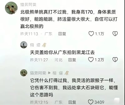 这是一段社交媒体评论区的搞笑对话截图：用户「猫男阿荣」发言称自己身高170，身体素质优秀，能跑能跳且肺活量极大，自信可以单挑打赢北极熊；用户「栩熠」随即回复调侃「天灵盖给你从广东拍到黑龙江去」；之后「猫男阿荣」再次反驳，表示自己灵活得像猴子，北极熊无法伤到自己，还能远距离用石块攻击对方。对话充满脱离现实的搞笑反差感，网友的迷之自信发言引发趣味调侃。