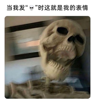 这是一张趣味网络表情包，上方配有文字“当我发“💀”时这就是我的表情”，下方是一个画面模糊、呈现晃动状态的骷髅形象。该图通过夸张的视觉效果，将网络聊天中发送骷髅头表情时所蕴含的无语、崩溃、生无可恋、心累等抽象情绪具象化，精准贴合了当代年轻人在网络社交中用表情传递复杂负面情绪的场景，用滑稽的方式调侃了这类情绪表达，很容易引发网友的共鸣。
