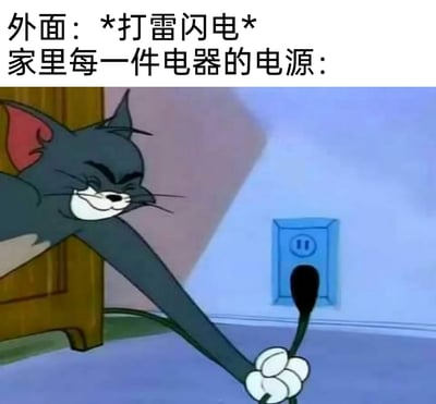 这是一张基于经典动画《猫和老鼠》创作的搞笑梗图，上方配文设定场景为“外面打雷闪电”，并将家里的电器电源拟人化。图中汤姆猫一脸狡黠的坏笑，把自己的手臂伪装成电线插头，做出要插进插座的动作，用违背打雷时应拔掉电器电源的安全常识的拟人化行为，制造出荒诞搞笑的反差效果，调侃打雷时的趣味想象场景。