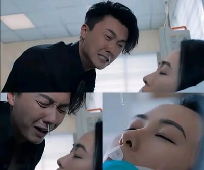 图片展示了香港演员黄宗泽在医院场景中的经典哭戏画面。上方为主图，黄宗泽俯身靠近病床上昏迷的女性，眉头紧锁，嘴巴微张，一滴鼻涕从鼻孔垂下，表情悲痛欲绝。下方分为两张特写图，左侧放大展示黄宗泽痛哭的面部表情，右侧则特写病床上女性的脸部，她双眼紧闭，鼻子上插着氧气管，处于昏迷状态。整个场景充满了悲伤和紧张的氛围，展现了演员极具感染力的哭戏演技。