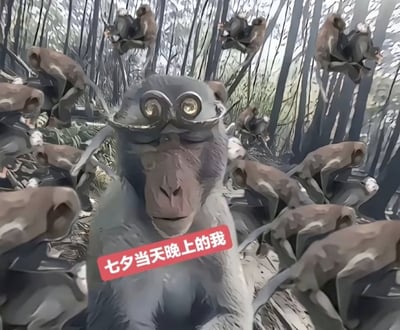 图片中央是一只戴着螺旋眼镜、表情迷离的猴子，周围环绕着多只姿态各异的猴子，背景是茂密的森林。图片下方有红色文字标注“七夕当天晚上的我”，通过猴子的迷茫表情和被环绕的场景，幽默地表达了单身人士在七夕节（中国情人节）的孤独或不知所措的心情。