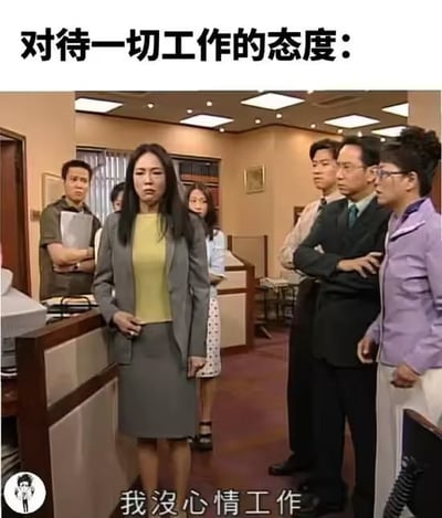 图片截图于港剧的办公室场景，被配上“对待一切工作的态度：我没心情工作”的文字，主角穿着职业装，态度冷淡无奈，面对多名同事。反映职场群体对于工作的消极情绪与共鸣，是一则典型的搞笑、丧文化职场梗图。画面氛围轻松，具有很强的网感，用来表达不想工作的心声，非常适合网络传播与日常吐槽。