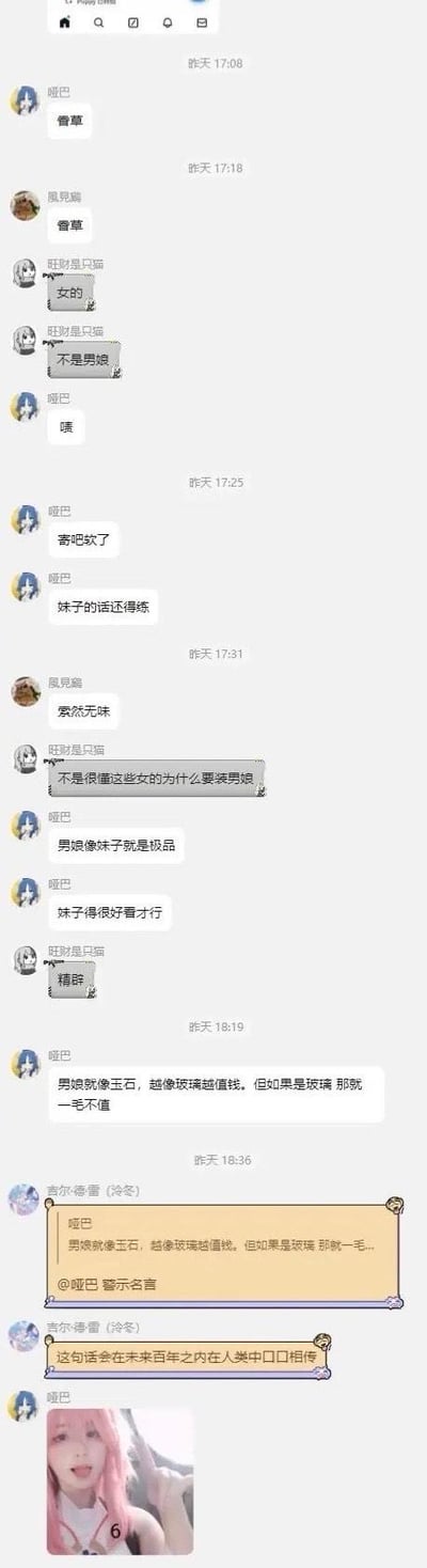 这是一张聊天记录截图，显示了一群网友围绕感情、价值观、男女条件等话题展开的讨论。对话内容包含对物质条件、外貌的调侃与评论，语言风格轻松幽默，带有年轻人的网络聊天特点。最后一条消息以装饰性边框突出显示："贵物像玉石，越绿越值钱，但如果是玻璃那就一毛不值。"并附言"这句话会在未来百年之内在人类中口口相传"，形成一种幽默的自我抬高效果。