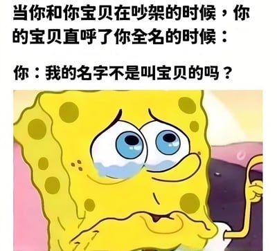 这是一张幽默梗图，上方文字描述了情侣吵架时对方直呼全名的场景，下方是海绵宝宝带着眼泪的悲伤表情，配合文字"你：我的名字不是叫宝贝的吗？"，用夸张的方式表现了情侣间吵架时的可爱反应。