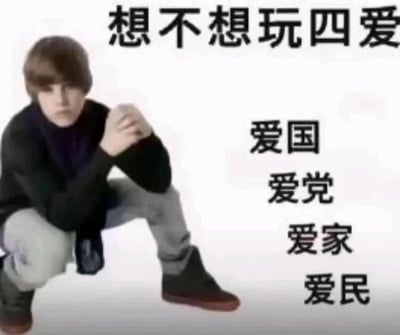 这是一张网络二次创作的玩梗表情包，采用图文混排的形式，左侧是蹲在地上、双手交握于身前的加拿大歌手贾斯汀·比伯，他表情平淡；图片顶部配文“想不想玩四爱”，右侧竖向排列“爱国、爱党、爱家、爱民”四个正向口号。该表情包利用“四爱”的双关含义，将网络上指代“女攻男受”小众恋爱模式的热词，替换为四个主流正向的“四爱”，通过反差感制造诙谐搞笑的效果，常用于社交平台的聊天互动中，调侃相关话题。