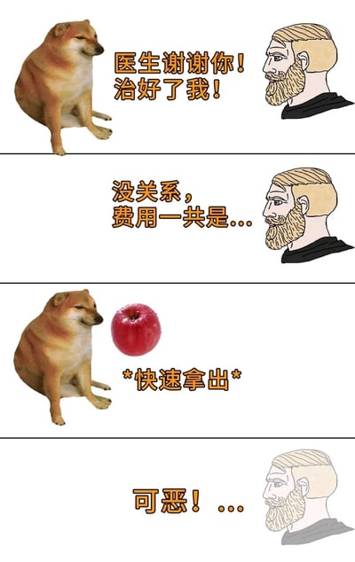 这是一幅四格连环搞笑梗图，使用了知名网络迷因形象Cheems柴犬和Chad衍生的络腮胡医生形象。第一格中，Cheems柴犬对着络腮胡医生表达感谢，称医生治好了自己；第二格医生平和地准备告知治疗费用；第三格Cheems柴犬快速拿出一个红苹果，暗示要用苹果抵付治疗费用；第四格医生因这个离谱的付费方式变得愤怒，形象也变得灰暗，说出“可恶！...”，整体通过反转的搞笑情节制造笑点，属于网络迷因的二次创作内容。
