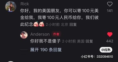 这是一张小红书平台的评论区截图，展示了用户Rick和美国博主Anderson的搞笑互动。用户Rick留言提议，让Anderson寄100美元给自己，自己则寄100元人民币给对方，美其名曰“彼此纪念”，这个提议利用了美元和人民币的汇率差，试图用价值更低的人民币换取高价值的美元，是明显的占便宜行为。美国博主Anderson直接回复“你好我不是傻子”，直白戳破Rick的小算盘，回复的直白感和Rick的小聪明形成反差，带来搞笑效果。