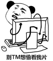这是一张黑白卡通风格的梗图，画面主体是一个有着熊猫头部特征和人类面部表情的角色。角色正坐在电脑前，双眼紧盯显示器，表情警惕且略带紧张，双手（或线缆）做出防御姿态护住屏幕。图片底部有一行醒目的文字：‘别TM想偷看我片’，直白表达了角色防止他人偷看自己电脑内容的强烈意愿。整体风格夸张幽默，通过卡通化的形象和直白的文字传递出一种搞笑的防御姿态。