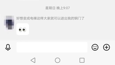 这是一张竖屏格式的移动端聊天记录截图，界面顶部显示时间为星期日晚上9:07，发送者的头像被马赛克处理，无法识别具体身份。发送者发送了一句带有低俗谐音暗示的文字“好想变成电梯这样大家就可以进出我的钢门了”，其中“钢门”是“肛门”的谐音，属于低俗双关梗，同时附带了一个带有双眼的卡通表情，营造出戏谑的氛围。聊天界面底部是标准的手机聊天输入区域，包含语音输入按钮、空白输入框、表情按钮、加号功能按钮，以及安卓系统的三角形返回、圆形主页、方形多任务导航键。