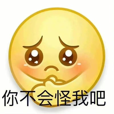这张图片是一张网络流行的表情包图片，主体是一个黄色的卡通emoji脸，表情非常无辜和委屈，眼睛大而水润，手指扣在一起，一副小心翼翼、希望对方原谅的样子。下方配有醒目的大字“你不会怪我吧”，整张图传达出撒娇、请求原谅、怕被责怪的情绪，适合用于聊天时缓解尴尬和卖萌。整个画风Q萌可爱，搭配文字有强烈的氛围感。没有明显谐音、双关、暗示。