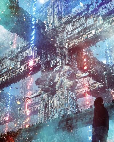 这幅图像展现了一个壮观的赛博朋克风格未来都市景观。画面中，密集的巨型建筑群高耸入云，建筑之间由复杂的桥梁和通道连接，呈现出立体交错的城市结构。建筑物表面布满了发光的霓虹线条和符号，主要以蓝色、红色和紫色为主，营造出典型的赛博朋克视觉氛围。天空中下着雨，雨滴在灯光的映照下形成了朦胧的效果。画面中央偏下位置，一个穿着连帽衫的孤独身影正抬头仰望两座巨大的人形雕像，这些雕像似乎与建筑融为一体，增添了场景的神秘感和宏伟感。整个画面充满了未来感、科技感和一丝孤独的氛围。