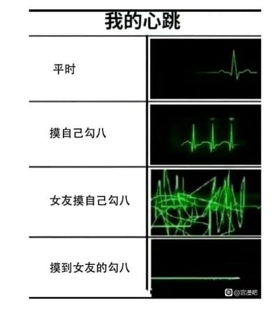 这是一张由四个小图拼接而成的连环梗图，整体以“我的心跳”为核心主题，通过不同场景对应的心跳波形变化来制造笑点。四个场景分别为：1. 平时：对应正常的单一峰值心跳波形，代表日常平静的状态；2. 摸自己勾八：对应规律重复的心跳波形，代表此时有轻微波动但状态平稳；3. 女友摸自己勾八：对应杂乱无章、密集交错的波形，代表此时极度紧张激动；4. 摸到女友的勾八：对应一条直线的波形，这里运用了荒诞的玩梗手法，因为女性并不具备该生理器官，这种情况不可能发生，心跳直线的设定制造出强烈的反差和荒诞搞笑的效果，以此调侃亲密场景下的心理状态，带有低俗趣味的搞笑意味。