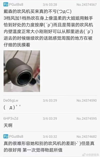 这是一张社交媒体截图，内容为匿名论坛的帖子互动。楼主用户PGutBs8以非常暧昧、带有擦边暗示的语言描述戴森吹风机的使用体验，称3档风加1档热吹在身上如同被温柔按摩，还提到吹风机筒身大小合适可以“进去”，吹的时候仿佛被仔细抚摸，随后补充表示难以形容该吹风机和其他产品的差距，认为其物超所值。其他用户De06gLw回复了惊讶的颜文字，用户6HP3vZd则回复“天啊”，表现出对楼主描述的震惊。截图中还附带了一张戴森吹风机筒口的特写照片，右下角带有微博账号@伽蓝雀岛的水印。