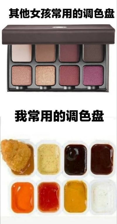 图片分为上下两部分进行对比。上半部分展示了一个黑色外壳的眼影盘，内含8个不同颜色的眼影，从浅米色、棕色到深紫色、酒红色不等，上方配有文字“其他女孩常用的调色盘”，代表常见的美妆色彩搭配。下半部分则是一个快餐调味料托盘，包含8个格子，分别装有炸鸡块、黄芥末酱、深褐色酱料、红褐色酱料、橙色酱料、红色酱料、黄色酱料和白色酱料，上方配有文字“我常用的调色盘”。通过“调色盘”一词的双关，幽默对比了其他女孩关注美妆色彩与“我”更关注食物酱料色彩的差异，充满自嘲和搞笑意味。