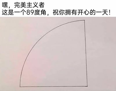 这是一张针对完美主义者的趣味整蛊静态图，画面主体是一个视觉上接近直角的扇形，但配文标注其为89度角，上方配文‘嘿，完美主义者 这是一个89度角，祝你拥有开心的一天！’，利用完美主义者追求精确、规整的心理特点，用差1度达到直角的图形来制造小‘困扰’，以此调侃完美主义者的执着，是一张充满趣味的网络梗图，适合用来和身边的完美主义者朋友开玩笑。