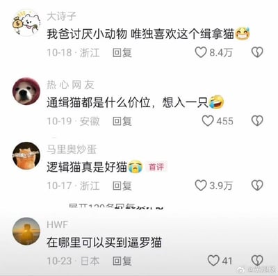 这是一组社交媒体评论截图，网友们将「暹罗猫」的发音玩出了多种谐音梗：把「暹罗」谐音成「缉拿」「通缉」「逻辑」「逼罗」，创造出「缉拿猫」「通缉猫」「逻辑猫」「逼罗猫」这些搞笑的称呼，还有网友认真询问「逼罗猫」的购买渠道，评论区充满了趣味。
谐音梗说明：这里利用「暹罗（xiān luó）」的发音，与「缉拿」「通缉」「逻辑（luó jí）」「逼罗」的发音相近，制造出错位的搞笑效果。
