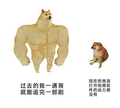 这是一张左右对比的静态自嘲梗图，左侧是经过P图创作的肌肉柴犬形象，搭配文字“过去的我一通宵就能追完一部剧”，表现出过去精力充沛、追剧动力十足的状态；右侧是网络流行的Cheems颓废柴犬形象，搭配文字“现在的我连打开视频软件的动力都没有”，展现出当下精力衰退、对娱乐活动提不起劲的状态。图中通过强烈的视觉反差和文字对比，精准调侃了当代人随着生活节奏变化或精力下降，娱乐意愿大幅降低的普遍现状，容易引发网友的共鸣。