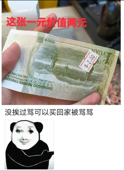 这是一张上下拼接的趣味网络梗图，上半部分是一只手拿着一张1999版1元人民币，纸币上被贴上了标价为¥2.00的价格标签，上方配有红色醒目文字“这张一元价值两元”；下半部分是一个面带贱笑、做出伸手动作的熊猫头表情包，搭配黑色文字“没挨过骂可以买回家被骂骂”。整图通过“花2元买1元纸币”这种完全不符合常理的离谱设定，制造出强烈的反差感，用调侃的语气调侃这种无厘头的整活行为，传递出搞笑戏谑的氛围。