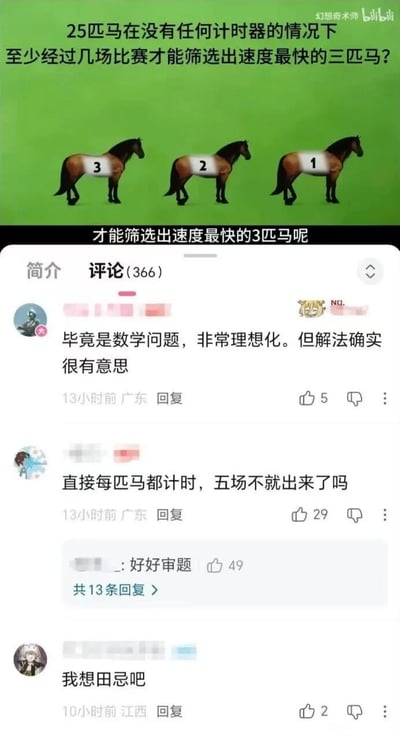 这张图是拼接而成的梗图，上方是B站UP主“幻想奇术师”的视频画面，绿色背景上有三匹分别标注1、2、3序号的棕色马匹，配文为经典趣味数学题：“25匹马在没有任何计时器的情况下至少经过几场比赛才能筛选出速度最快的三匹马？”，该题的正确答案为7场：先将25匹马分为5组各进行1场比赛（共5场），再将每组第一名进行1场比赛（第6场）确定全局第一名，随后排除不可能进入前三的马匹，将剩余候选马匹再赛1场（第7场）即可确定第二、三名。下方截取了该视频的三条网友评论，分别代表了三种不同的反应：第一种认可这是有意思的理想化数学题，第二种没有认真审题提出“直接给马计时五场就能得出结果”被其他网友提醒好好审题，第三种联想到了田忌赛马的典故，刚好对应本图的原标题“三种人”，用来调侃面对同一问题时不同的思维模式。