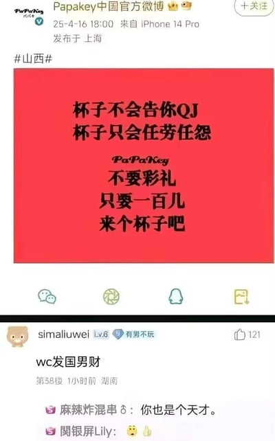 这是一张竖屏手机格式的微博截图，内容为Papakey中国官方微博发布的一则低俗不当的营销广告。广告以红底黑字呈现，文案使用“杯子不会告你QJ，杯子只会任劳任怨”这种涉嫌物化女性、挑战公序良俗的低俗内容绑定产品，后续又以“不要彩礼，只要一百儿，来个杯子吧”的文案继续炒作不良价值观。下方是微博评论区，用户“simaliuwei”留言“wc发国男财”，精准调侃该广告的营销逻辑，获得121个赞，另有其他网友回复称赞该评论。这则广告利用低俗擦边内容博眼球，引发网友的负面调侃。