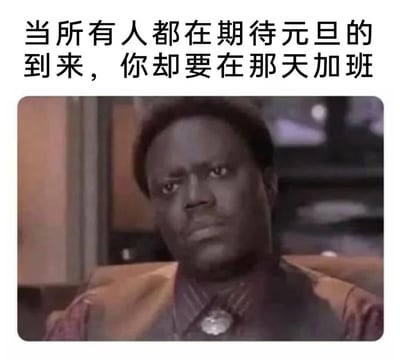 这是一张职场吐槽类梗图，上方文字写着“当所有人都在期待元旦的到来，你却要在那天加班”，下方是一位表情严肃、眼神中透着无奈的黑人男性截图。通过文字与人物表情的结合，幽默地表达了节假日需要加班的打工人内心的失落与无奈，形成了与他人期待过节的鲜明对比。