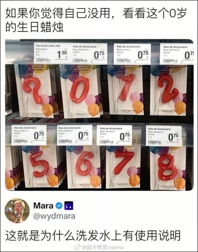 这是一张二次创作的搞笑梗图，属于社交媒体截图。图片顶部带有中文配文“如果你觉得自己没用，看看这个0岁的生日蜡烛”，主体内容是超市货架上售卖的独立包装红色生日蜡烛，一共两排共八款，第一排从左到右分别为问号形状蜡烛、数字0蜡烛、数字1蜡烛、数字2蜡烛，第二排从左到右分别为数字5蜡烛、数字6蜡烛、数字7蜡烛、数字8蜡烛，每款蜡烛都标注了0.75欧元的售价，标签文字为西班牙语。图片下方是X平台用户Mara（@wydmara）的账号信息，带有卡通女性头像，账号下方配有中文配文“这就是为什么洗发水上有使用说明”，图片底部右下角带有微博用户@流汗黄豆meme的水印。该图的笑点在于商家多生产了无用的问号形状蜡烛，同时推出0岁生日用的数字0蜡烛，属于离谱的商品设计，用这个案例调侃“连没用的蜡烛都能正常售卖，人不必觉得自己没用”，同时吐槽这种莫名其妙的设计刚好印证了为什么商品都需要标注使用说明。