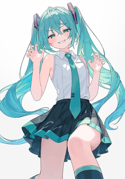 图中是VOCALOID旗下的虚拟歌手初音未来，她有着标志性的青绿色双马尾长发，身穿经典的无袖白衬衫+青绿色领带+黑绿配色百褶裙的公式服造型。此刻她脸颊泛起红晕，露出带点小坏的笑容，双手做出类似抓挠的搞怪姿势，整体姿态娇俏又调皮，展现出和平时不同的可爱反差感。