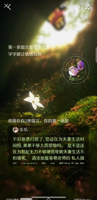 图片展示了一个带有奇幻森林背景的界面，画面中有发光的白色花朵和紫色花苞，营造出神秘梦幻的氛围。上方配有诗意文字'第一条留言要谨慎查看 字字都让情绪易燃'，中间提示'你现在有2条留言，你的第一条是'，下方显示一条来自'乐乐'的骚扰诈骗信息，内容涉及低俗健康问题并推广所谓'夏春艳老师'的私人微信。整体呈现出一种反差感：唯美的背景与低俗的诈骗内容形成鲜明对比。