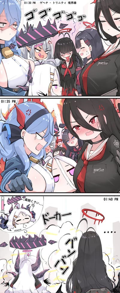 三格连环漫画展现了一群动漫风格少女的趣味互动。第一格中，多位少女围绕着一位戴黑色条纹皇冠的白发角色，周围飘着“ごっごっごっ”的拟声词，众人或大笑或憋笑，气氛热闹；第二格特写蓝发（带红色角饰）与黑发（红瞳）少女的近距离对峙，两人脸颊泛红，表情夸张，似在拌嘴又带着一丝亲昵；第三格中，白发角色的皇冠碎裂成甜甜圈状，她无奈地想着“面倒くさい...”（好麻烦啊...），而黑发少女身后的光环也随之破碎，整体画面充满喜剧效果。