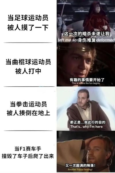 这是一张四格对比梗图，通过星球大战角色的经典表情和台词，幽默对比了不同运动员面对各自运动中常见挑战时的夸张反应。左列为中文描述：足球运动员被摸、曲棍球运动员被打中、拳击运动员被揍倒、F1赛车手撞车后爬出；右列对应星球大战角色台词回应，形成反差萌笑点。