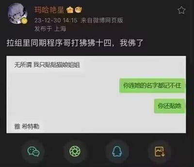 这是微博用户发布的聊天记录截图，博主拉组里的程序同事一起玩《最终幻想14》（玩家俗称“狒狒十四”），同事表示只想“贴贴”游戏里的猫娘姐姐，却被博主指出记不住角色名字，结果同事错误地说出“雅 希特勒”，实际是记混了游戏角色雅·修特拉的名字，制造出荒诞搞笑的反差效果，博主配文“我佛了”表达无奈又好笑的心情。