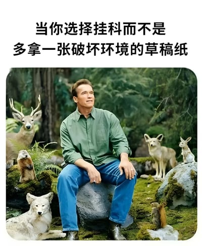 图片上方有文字“当你选择挂科而不是多拿一张破坏环境的草稿纸”，下方是阿诺德·施瓦辛格坐在森林中的石头上，周围环绕着鹿、狼、兔子、松鼠等野生动物，营造出与自然和谐共处的画面。这是一张幽默讽刺类梗图，通过夸张的环保理由来调侃学生挂科的借口。