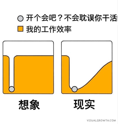 这张图用形象的管道和液体流动示意图，表达了开会对工作效率的影响。左边的“想象”展示了本以为开会不会太妨碍工作效率，效率流通顺畅，而右边的“现实”则显示开会犹如堵住了管道，导致效率难以提升，暗示现实中开会大多是拖慢工作、充满阻碍。整体风格幽默自嘲，非常贴合职场人的共鸣。

本图没有明显的谐音梗或双关，但通过物理结构暗示会议的真实影响，属于视觉类讽刺。图下的小球和管道比喻真实令人发笑。