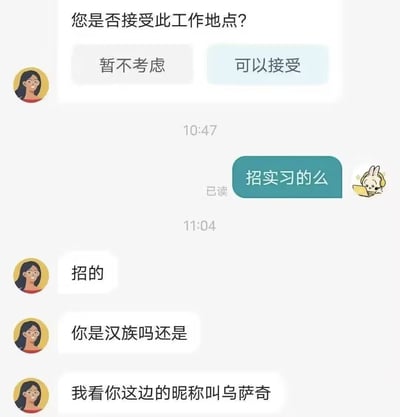 图片展示了一段虚构的职场面试聊天对话界面。上方为系统提示“您是否接受此工作地点?”，附带“暂不考虑”和“可以接受”两个选项按钮。下方聊天记录显示：求职者（兔子头像）发送“招实习的么”，面试官（女性头像）回复“招的”后，突然追问“你是汉族吗还是”，并解释“我看你这边的昵称叫乌萨奇”。通过夸张的对话设计，讽刺了职场招聘中可能出现的与工作无关的不当个人信息询问行为，引发对面试专业性边界的思考。