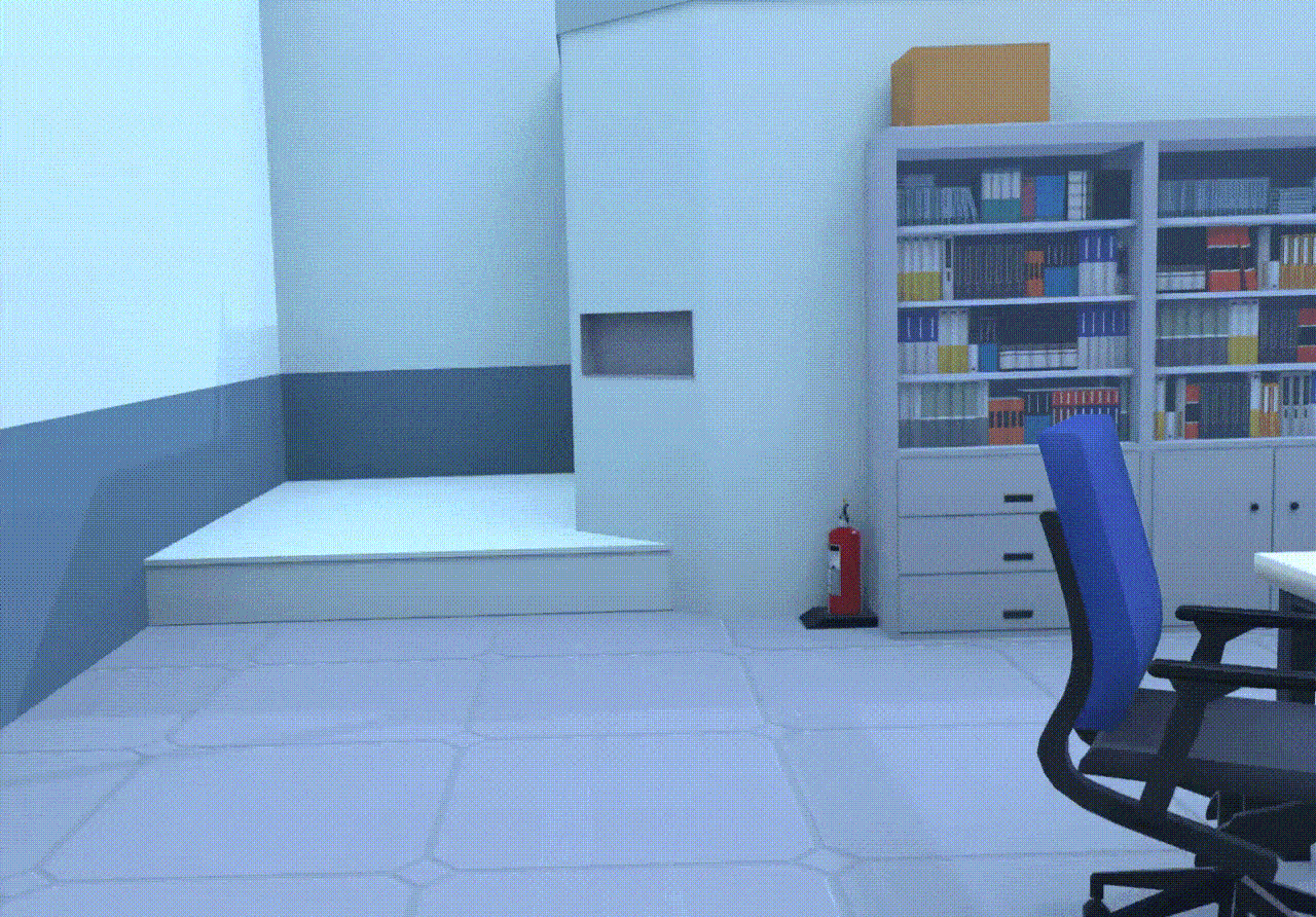 这是一段3D渲染的动态图，展示了一个简约风格的办公室场景：地面是浅灰色拼接瓷砖，左侧区域设有一个带台阶的平台，右侧摆放着一组带抽屉的白色书架，书架上整齐排列着书籍，顶部放置着一个黄色盒子，书架旁立着一个红色灭火器。画面右下角的蓝色办公椅突然向后移动，仿佛被无形的力量拉动，整个场景氛围简洁，异动的椅子为静态的办公环境增添了一丝诡异感。
