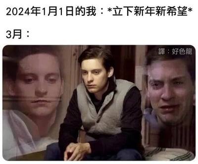 这是一张图文混排的共鸣类梗图，上方文字构建了时间对比：2024年1月1日时，自己满怀期待地立下新年愿望；到了3月，用托比·马奎尔版蜘蛛侠的三张面部状态拼接图来展现精神状态的变化，画面里的人物神情从平静逐渐过渡到沮丧、崩溃，精准戳中了许多人在新年初始立下目标后，短时间内就因难以坚持而陷入失落、颓废的真实处境，用幽默的方式调侃了新年flag容易“倒”的普遍现象，引发大众共鸣。