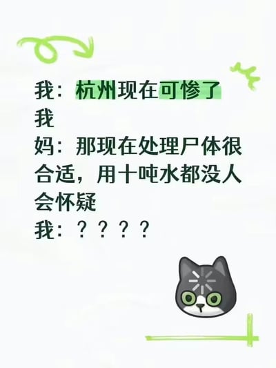 这是一张充满荒诞反差感的搞笑梗图：我向妈妈吐槽“杭州现在可惨了”，妈妈却突然跳转到完全不相关的离谱话题，说“那现在处理尸体很合适，用十吨水都没人会怀疑”，这种跳脱的回答让我满脑子问号，图的右下角配了一个头顶冒黑线、眼神疑惑震惊的卡通猫咪表情包，用强烈的对话反差制造出荒诞搞笑的效果。