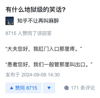 一张知乎问答截图，问题为“有什么地狱级的笑话？”，用户“知乎不让再叫麻醉”的回答获得8715人赞同。回答内容是一段医生与患者的对话：患者说“大夫您好，我肛门入口那里疼。”，医生回复“患者您好，我们一般管那里叫出口。”。截图底部显示发布时间为2024-09-09 14:30，有8715个赞同和171条评论。