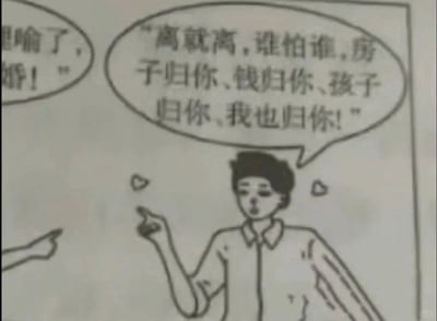 这是一幅黑白线稿风格的卡通漫画，描绘了伴侣间拌嘴的趣味场景。画面左侧仅露出一只手指向对方的手，对应的对话是愤怒的“不可理喻了，离婚！”，传递出强烈的负面情绪；画面右侧是一位穿着衬衫的角色，神态傲娇又暗含软意，手指抬起做出强硬的姿态，身旁还有爱心符号点缀，嘴上说着“离就离，谁怕谁”的狠话，后续却说出“房子归你、钱归你、孩子归你、我也归你”的内容，用嘴硬的方式表达不想离开对方的真实心意，形成强烈的反差感，充满搞笑氛围，生动展现了亲密关系中口是心非的独特情趣。