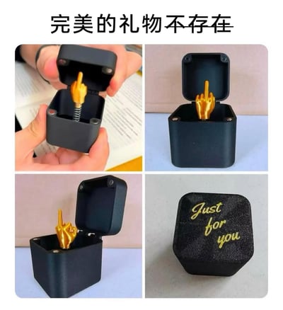 这是一张由四幅图拼接而成的静态图，顶部配有文字“完美的礼物不存在”，展示了一款整蛊趣味礼盒：左上是双手持握打开的黑色方形礼盒，内部弹出带有弹簧的金色中指；右上是单独放置的打开状态礼盒，金色中指弹出；左下是打开的礼盒，金色中指做出类似“OK”手势但竖中指的搞怪造型；右下是礼盒关闭状态，盒盖上绣有英文“Just for you”。该礼盒通过浪漫的包装与弹出的中指形成强烈反差，打造出搞怪整蛊的效果，适合作为朋友间玩笑互动的趣味礼物。