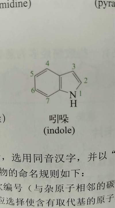 这是一张化学教学类资料的翻拍静态图，画面核心展示了杂环化合物吲哚的结构式，结构式上标注了环上各位置的1-7编号，结构下方配有中文名称“吲哚”和对应的英文名称“indole”，画面周围还有部分未显示完整的文字，内容与杂环类化学物质的命名规则相关。