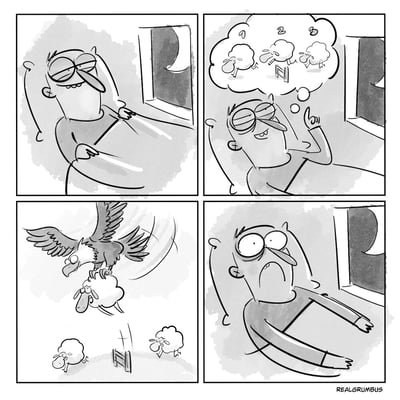 这是一幅四格黑白卡通漫画：第一格，夜晚时分，一个卡通人物躺在床上翻来覆去，神情烦躁困倦，显然正被失眠困扰；第二格，他躺在床上托着腮，开始用数羊助眠的方法，脑海中浮现出羊跳过栅栏的常规数羊画面；第三格，现实中的数羊场景出现了意外：一只老鹰抓着一只惊慌的羊，飞到了栅栏旁，打破了原本平和的数羊画面，另外两只羊也显得十分慌乱；第四格，这个失眠的卡通人物看到这个离谱的场景后，眼睛圆睁，嘴巴大张，露出极度惊恐的表情，整个人震惊地坐了起来。漫画用反套路的方式调侃了数羊助眠的传统方法，制造出荒诞的笑点。